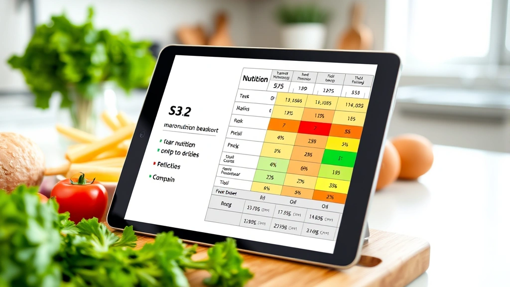 Close-up nutritional comparison chart showing macronutrient breakdown of baked chicken displayed on tablet device with fresh ingredients surrounding it, modern kitchen setting