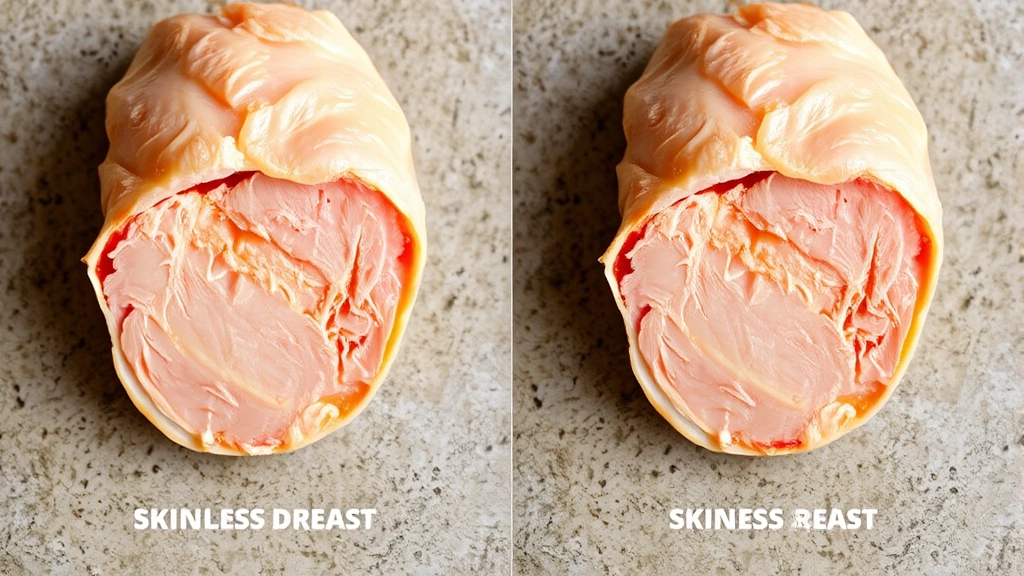 Split-screen comparison of skinless versus skin-on chicken breast cross-sections showing fat distribution differences, professional food photography style with neutral background