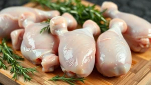 Close-up of raw chicken drumsticks arranged on wooden cutting board with fresh herbs including rosemary and thyme scattered around, professional food photography lighting, shallow depth of field, vibrant colors emphasizing freshness and quality poultry