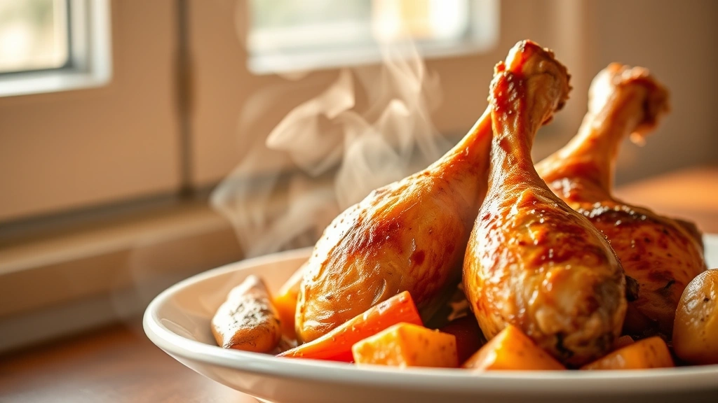 Cooked golden-brown roasted chicken drumsticks on white ceramic plate with roasted vegetables including carrots and potatoes, steam rising gently, warm natural lighting from window, appetizing presentation showing cooked texture and color