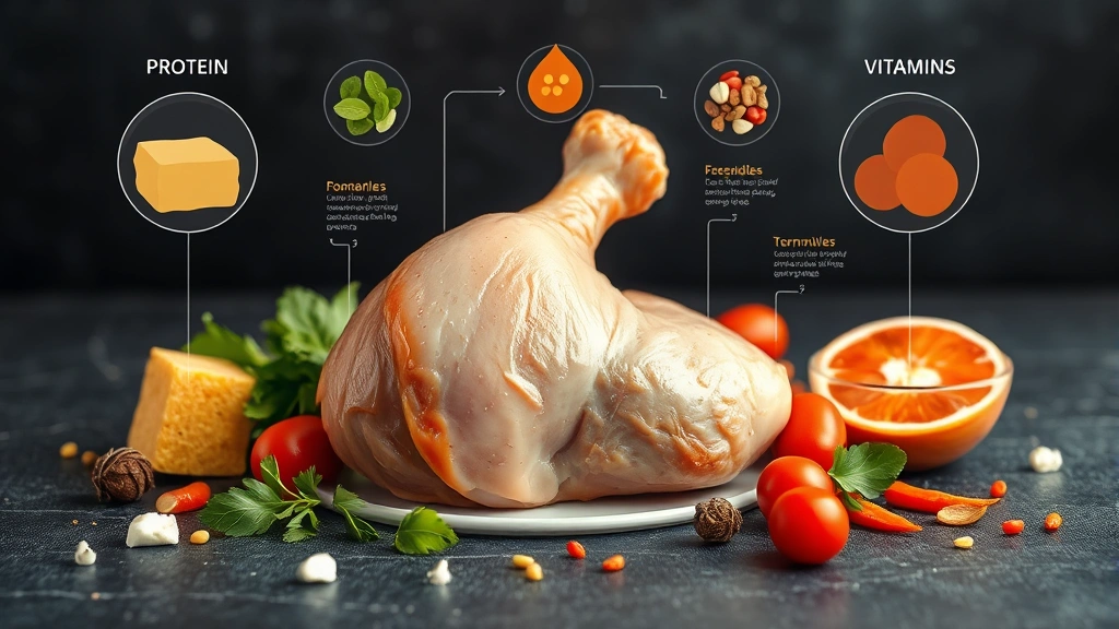 Nutritional analysis infographic style scene showing chicken drumstick surrounded by ingredient elements representing protein, minerals, and vitamins, modern digital food science aesthetic, clean composition with healthy food styling