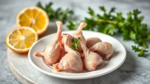Professional food photographer capturing raw chicken gizzards on white ceramic plate with fresh herbs and citrus wedges, studio lighting, shallow depth of field, culinary style photography