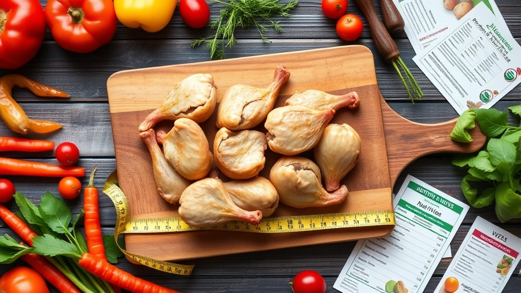 Overhead flat lay of cooked chicken gizzards on rustic wooden cutting board with measuring tape showing portion size, surrounded by colorful vegetables and nutritional reference cards
