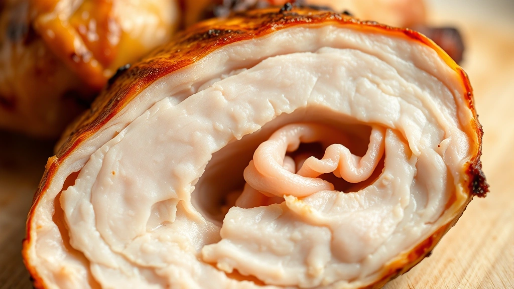 Close-up macro photography of sliced cooked chicken gizzard showing muscle fiber texture and internal structure, professional food photography lighting, neutral background