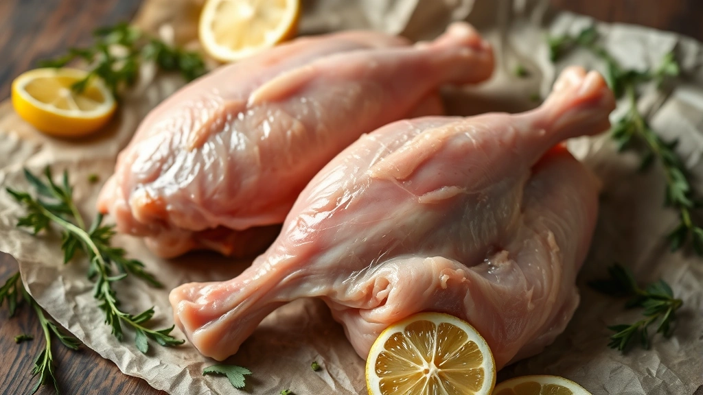 Close-up of raw chicken legs on butcher paper with fresh herbs and lemon slices scattered around, natural lighting from above, professional food photography style, shallow depth of field focusing on meat texture and color