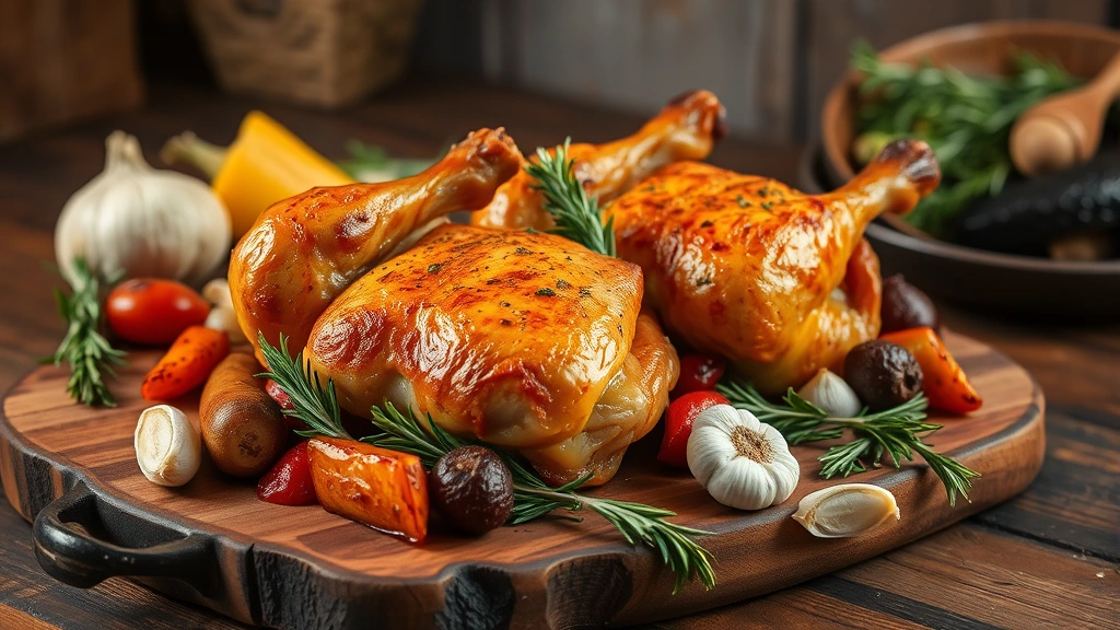 Roasted golden-brown chicken legs on a rustic wooden cutting board surrounded by roasted root vegetables, fresh rosemary sprigs, and garlic cloves, warm ambient lighting suggesting home kitchen environment, appetizing presentation