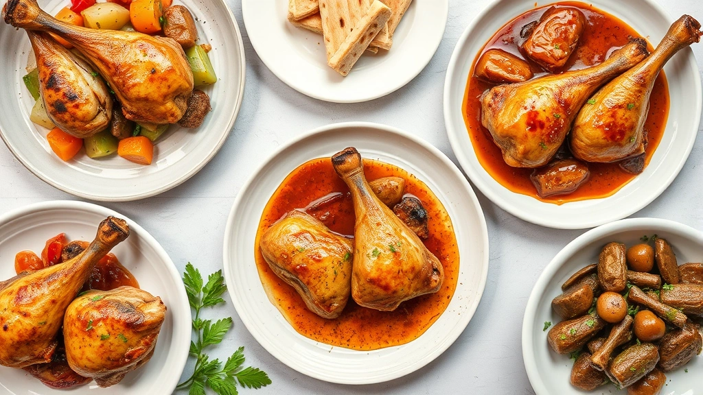 Overhead flat-lay composition showing prepared chicken leg dishes in various styles: grilled with vegetables, braised in sauce, and slow-cooked with herbs, multiple plates arranged artfully with fresh ingredients, natural window lighting