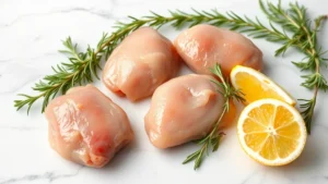 Fresh raw chicken livers displayed on white marble surface with fresh rosemary sprigs, thyme, and lemon wedges, professional food photography with soft natural window lighting, shallow depth of field, minimalist composition, no text or labels visible