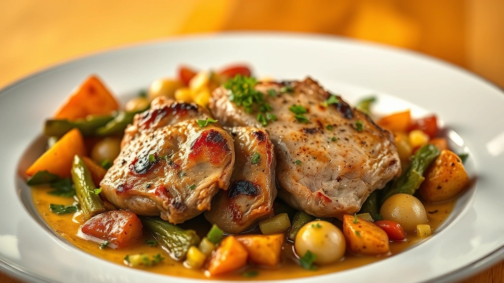 Cooked chicken liver dish plated elegantly with sautéed vegetables and herbs, warm golden lighting, professional culinary photography, appetizing presentation, close-up detail shot, no visible text or nutritional information on plate