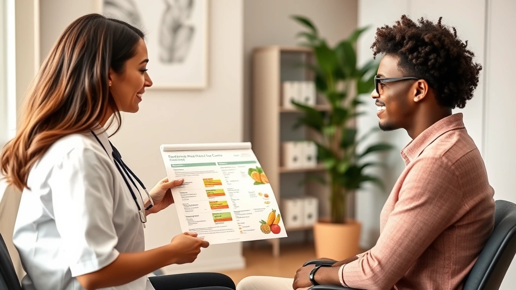 Registered dietitian nutritionist in modern clinic consultation room pointing to nutrition chart with client, diverse representation, warm professional setting with natural light, consultation scenario, no visible screen text or detailed interface elements