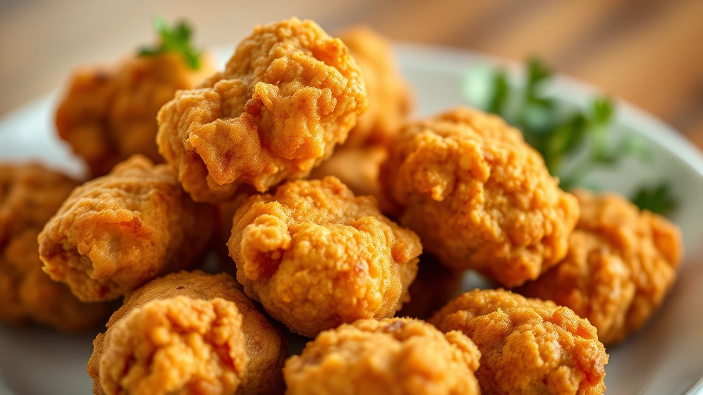 Close-up of golden-brown fried chicken nuggets on a white plate with minimal garnish, natural lighting, photorealistic food photography, shallow depth of field