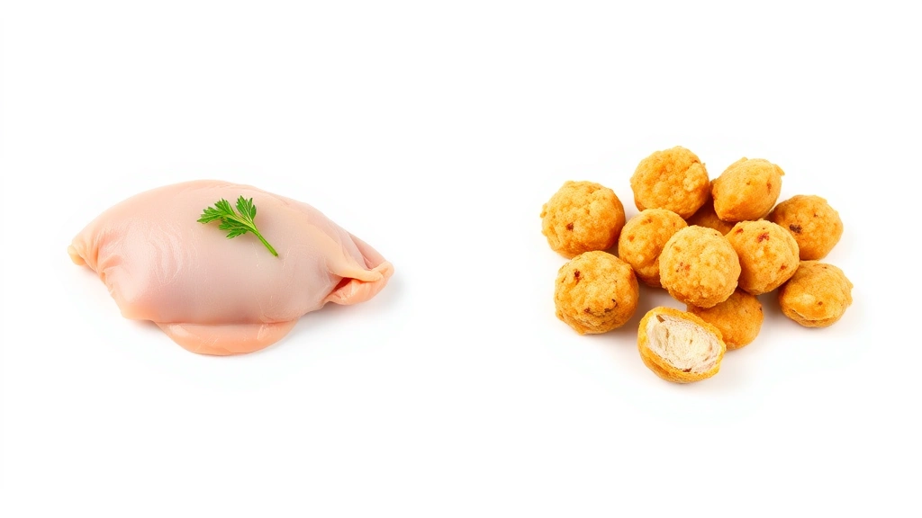 Split-screen comparison showing fresh raw chicken breast on one side and processed chicken nuggets on the other, professional food styling, clean white background, studio lighting