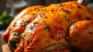 Close-up of golden rotisserie chicken with herbs and steam rising, professional food photography style, warm lighting emphasizing texture and juiciness, no text or labels visible