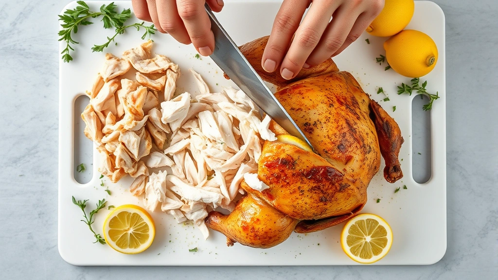 Overhead shot of rotisserie chicken being shredded on a white cutting board with fresh lemon wedges and herbs scattered around, natural kitchen lighting, clean composition