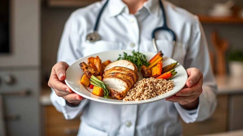 Nutritionist holding a plate with rotisserie chicken breast, roasted vegetables, and whole grain, demonstrating balanced meal composition, modern kitchen background, warm professional lighting