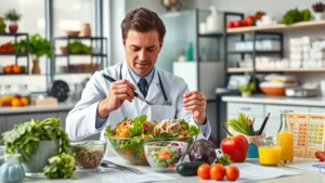 Professional nutritionist analyzing fresh chicken salad ingredients in modern laboratory setting with colorful vegetables, measuring tools, and nutritional charts displayed on desk, natural lighting