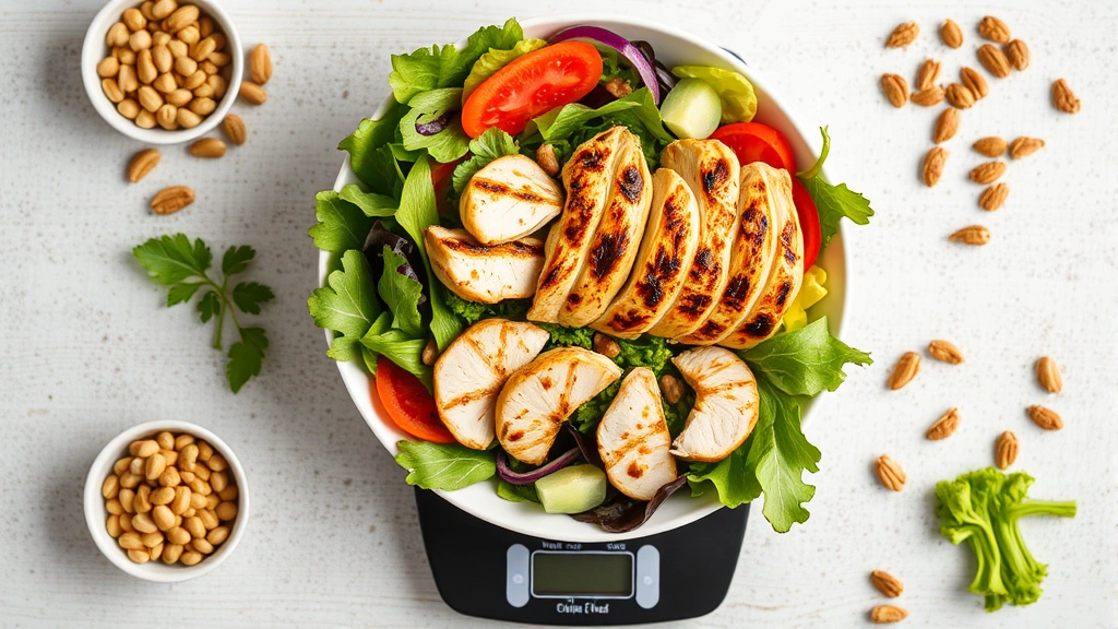 Overhead view of vibrant chicken salad meal preparation with grilled chicken breast, fresh mixed greens, colorful vegetables, nuts scattered artfully, and measuring scale showing portion sizes
