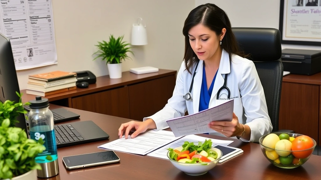 Registered dietitian reviewing nutrition labels and meal planning documents at desk with fresh salad bowl, water bottle, and health tracking tablet nearby, professional office environment