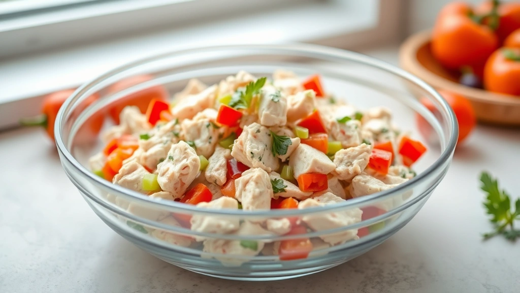 Professional food photography of a vibrant chicken salad in a glass bowl with visible chunks of white chicken breast, diced colorful vegetables including red bell peppers, celery, and fresh herbs, soft natural window lighting, shallow depth of field, clean minimalist plating on neutral background, no text or labels visible