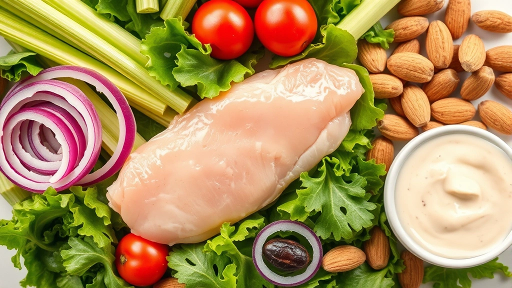 Close-up flat lay composition of chicken salad ingredients arranged artfully: raw chicken breast fillet, fresh celery stalks, red onion slices, cherry tomatoes, mixed greens, almonds, and a small bowl of creamy mayo-based dressing, bright overhead lighting, vibrant colors, food styling arrangement, no text overlays