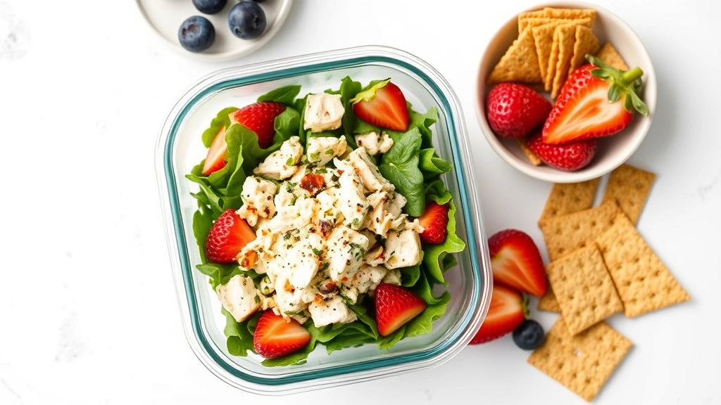 Overhead shot of a meal prep container with portioned chicken salad served over mixed greens, accompanied by fresh fruit and whole grain crackers, natural daylight photography, clean composition, food styling for nutrition blog, no visible text or packaging labels, professional food photography aesthetic