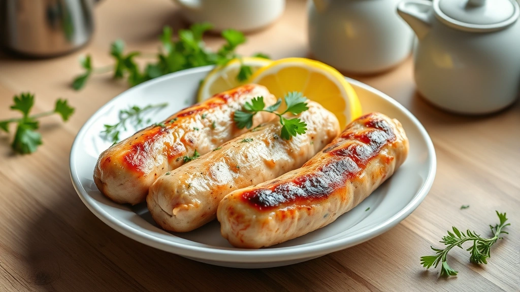 Overhead shot of cooked chicken sausage links on a white ceramic plate with fresh herbs and lemon wedges, natural kitchen lighting, vibrant morning breakfast setting
