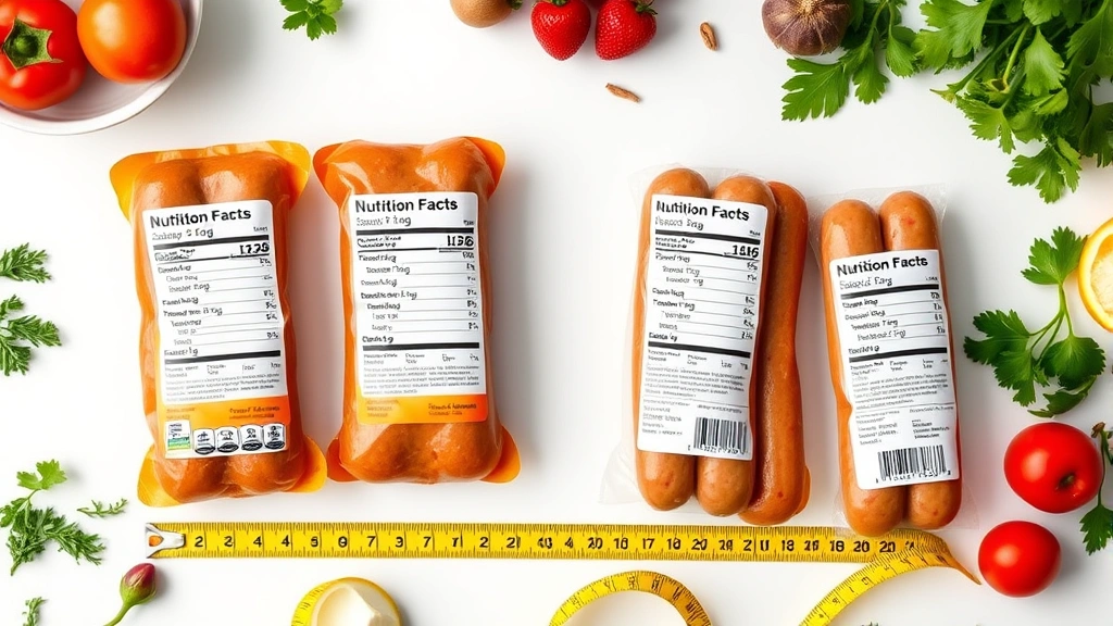 Split-screen comparison showing nutrition labels of different chicken sausage brands on a bright white surface, with measuring tape and healthy ingredients surrounding them