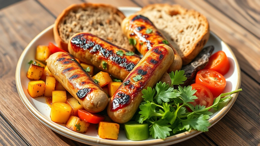 Colorful plate composition featuring grilled chicken sausage links alongside roasted vegetables, whole grain toast, and fresh greens, styled food photography with natural daylight