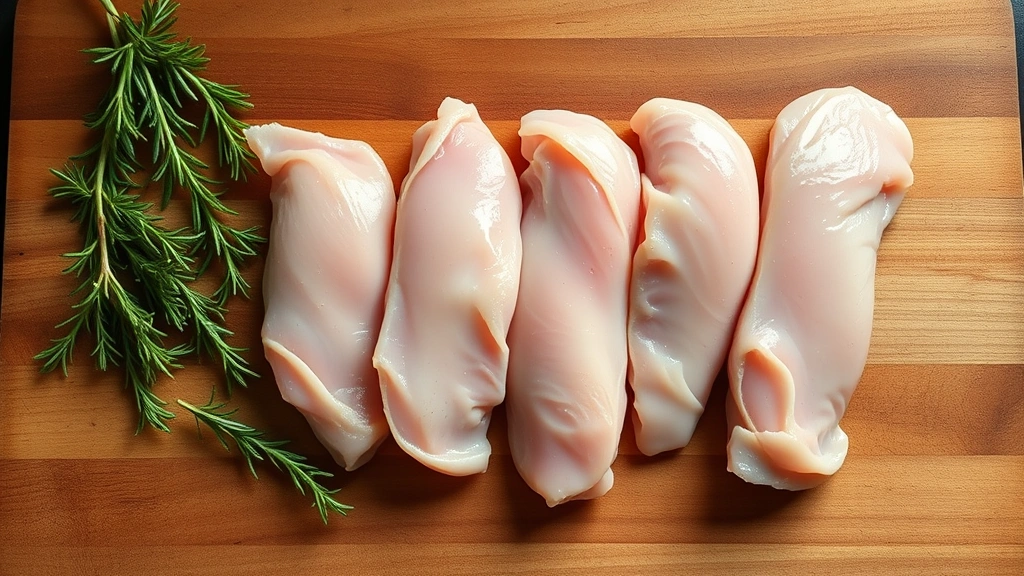Professional overhead shot of raw chicken tenderloins arranged on a wooden cutting board with fresh herbs like rosemary and thyme scattered nearby, soft natural kitchen lighting, photorealistic