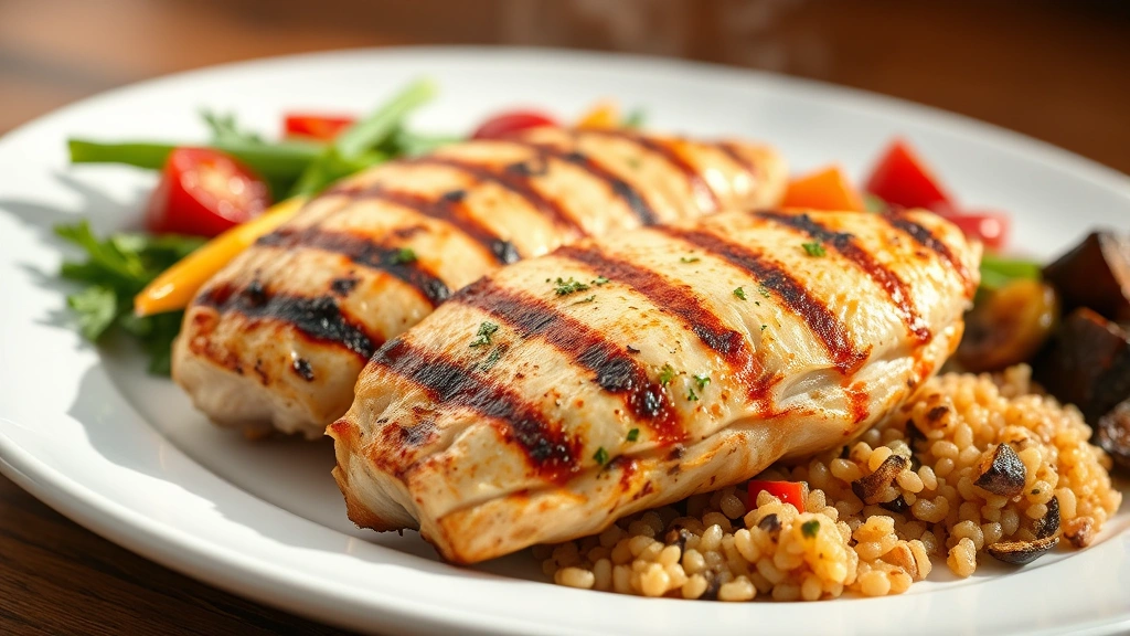 Grilled chicken tenderloins plated with roasted vegetables and quinoa on a modern white plate, steaming slightly, professional food photography, warm natural lighting highlighting the golden-brown exterior