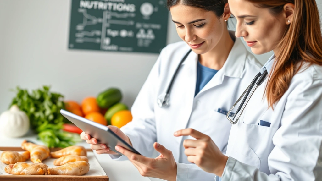 Nutritionist or dietitian reviewing nutritional information charts on tablet while fresh chicken tenderloins and healthy ingredients surround the workspace, professional clinical setting, focused expression