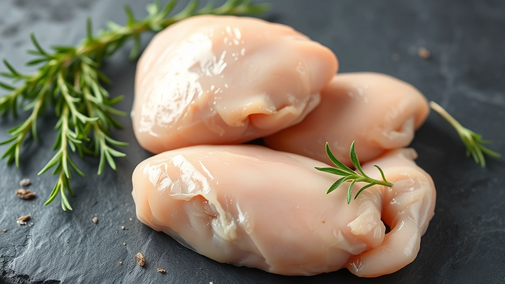Close-up of raw chicken thighs on a dark slate surface with fresh herbs like rosemary and thyme scattered around, morning natural light, professional food photography style
