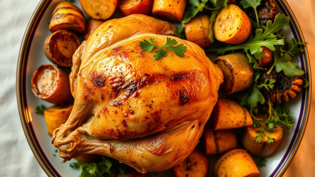 Overhead view of a colorful plate featuring roasted chicken thigh with golden skin, surrounded by roasted root vegetables and fresh greens, warm ambient lighting