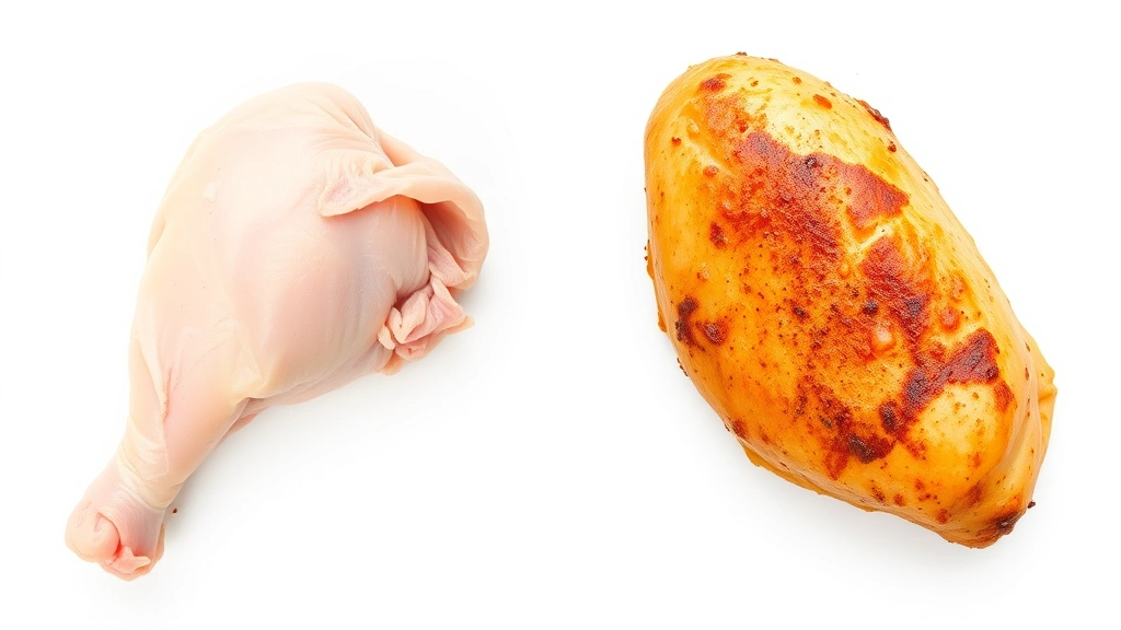 Split-screen comparison showing raw chicken thigh on one side and cooked golden-brown thigh on the other side, clean white background, clinical nutritional documentation style