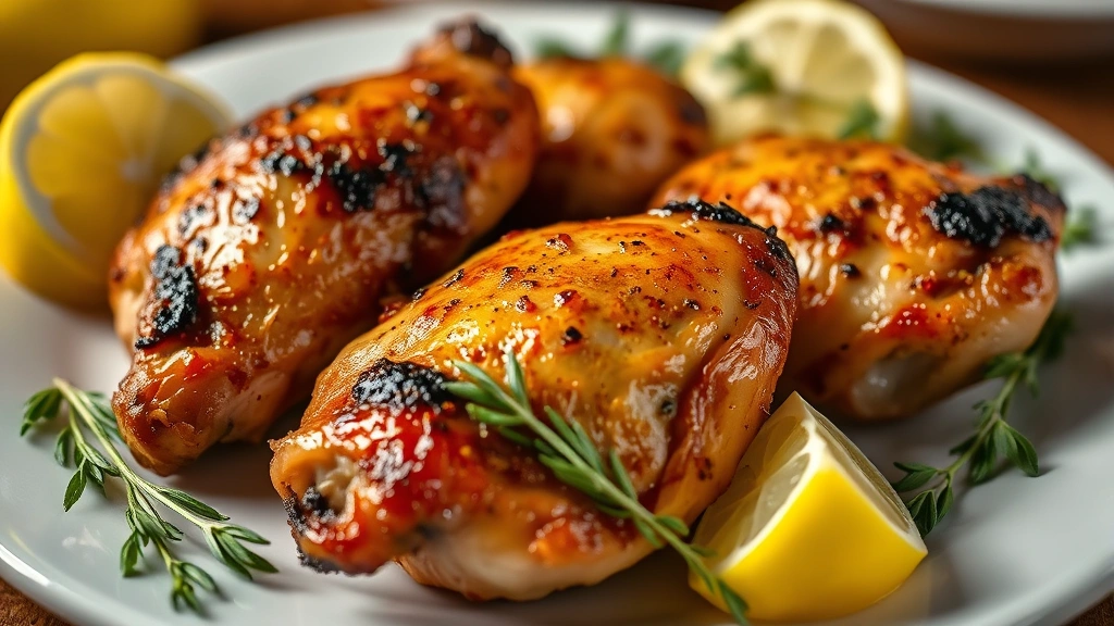 Close-up of golden-brown roasted chicken thighs on a white ceramic plate with fresh herbs and lemon wedges, professional food photography lighting, shallow depth of field