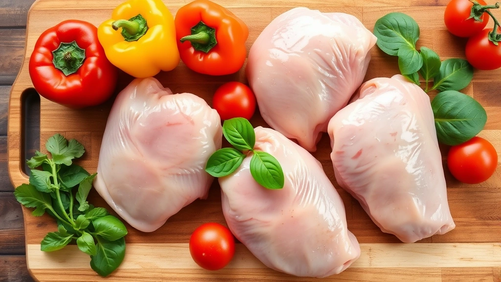 Overhead view of raw chicken thighs on a wooden cutting board with fresh vegetables including bell peppers, tomatoes, and spinach arranged artfully around them