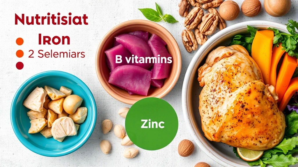 Nutritional infographic style visualization showing colorful bowls of nutrients—iron, selenium, B vitamins, zinc—with cooked chicken thigh pieces and supporting ingredients like nuts and leafy greens