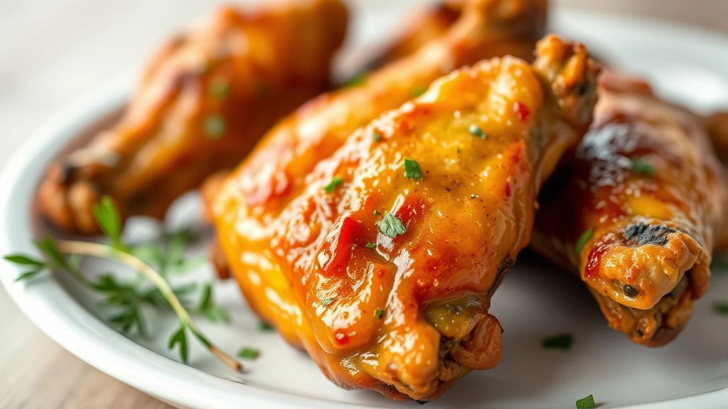 Close-up of golden-brown baked chicken wings glistening on white ceramic plate with fresh herbs, shallow depth of field, professional food photography lighting, no visible text or labels