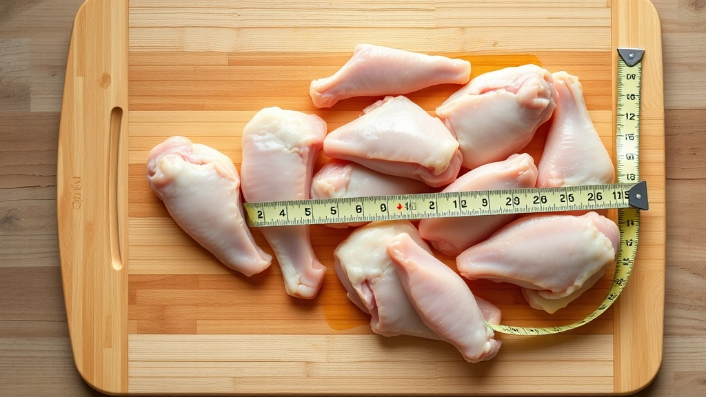 Aerial view of raw chicken wings arranged on wooden cutting board with measuring tape showing portion size, natural kitchen lighting, clean minimalist composition, no text visible