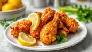 Close-up of golden, crispy air-fried chicken wings on white plate with fresh lemon wedges and fresh herbs, professional food photography, bright kitchen lighting, shallow depth of field, appetizing presentation