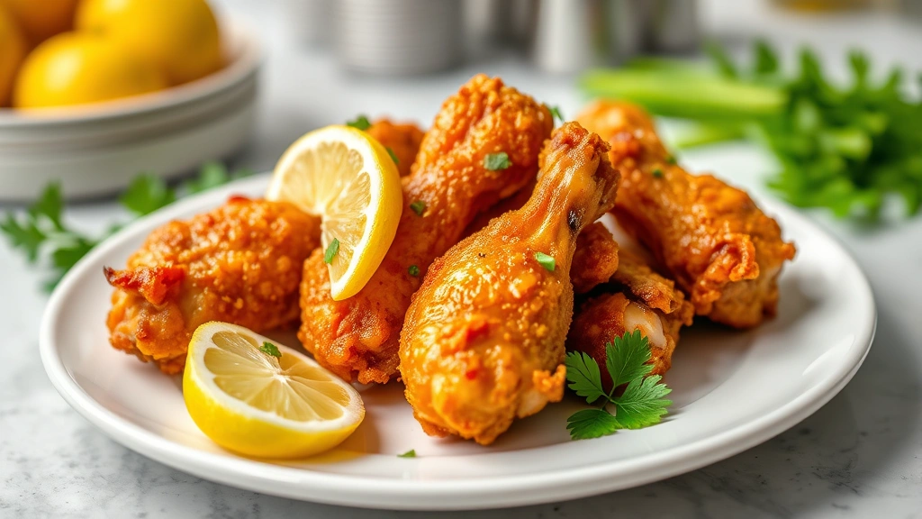 Close-up of golden, crispy air-fried chicken wings on white plate with fresh lemon wedges and fresh herbs, professional food photography, bright kitchen lighting, shallow depth of field, appetizing presentation