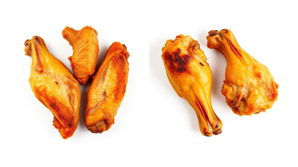 Split-screen comparison showing deep-fried wing on left side versus air-fried wing on right side, both on white background, professional nutrition photography, clear visual contrast, no text or labels visible
