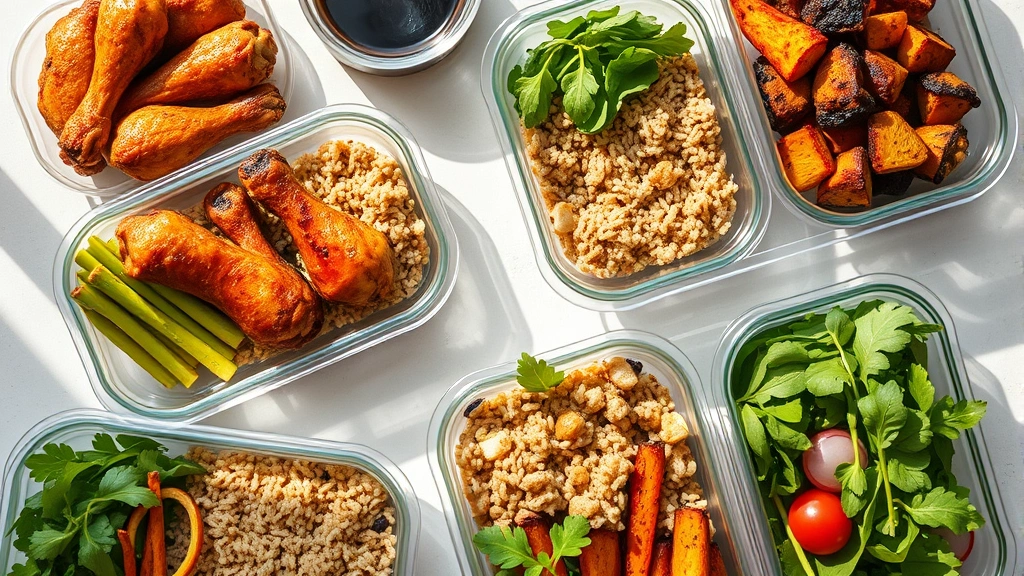 Overhead flat-lay of healthy meal prep containers with baked chicken wings, roasted vegetables, brown rice, and fresh salad greens, natural sunlight, modern kitchen counter, vibrant colors, professional food styling