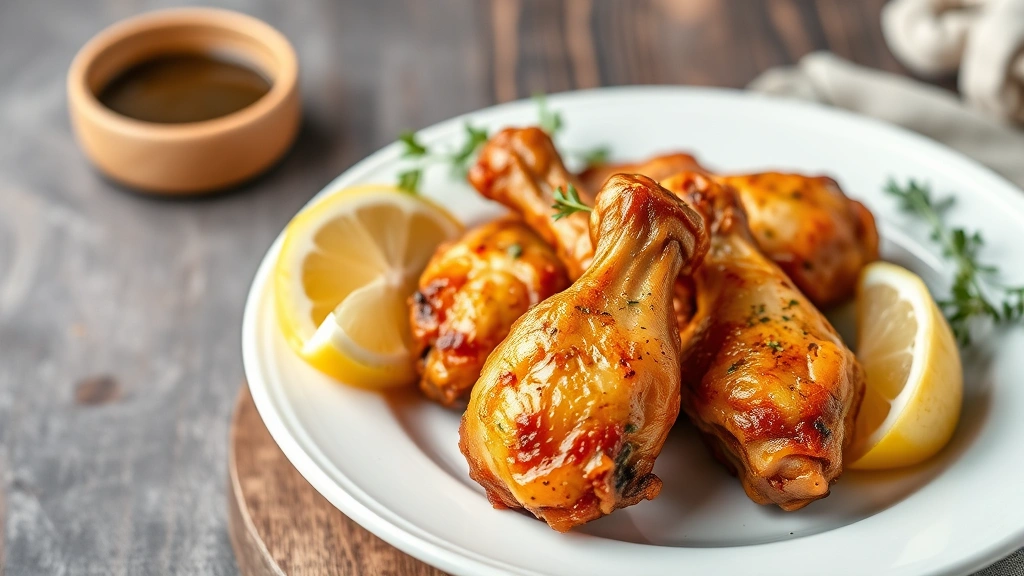 Professional food photography of perfectly cooked golden-brown chicken wings on a white ceramic plate with fresh lemon wedges and herbs, natural studio lighting, shallow depth of field, high-resolution food styling