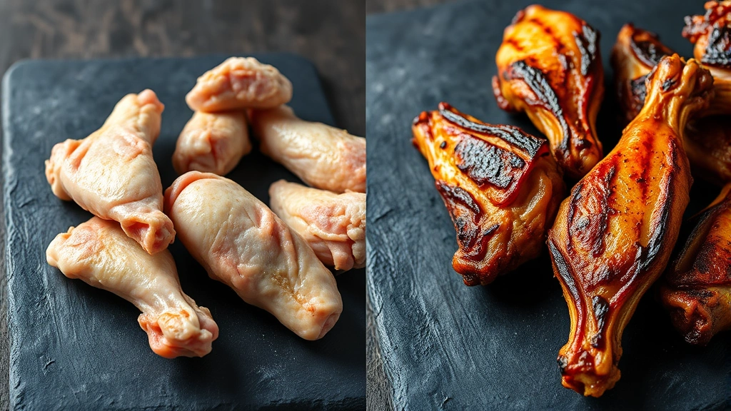 Split-screen comparison showing raw chicken wings on left side and grilled crispy wings on right side on dark slate surface, professional kitchen lighting, macro photography detail of texture and color