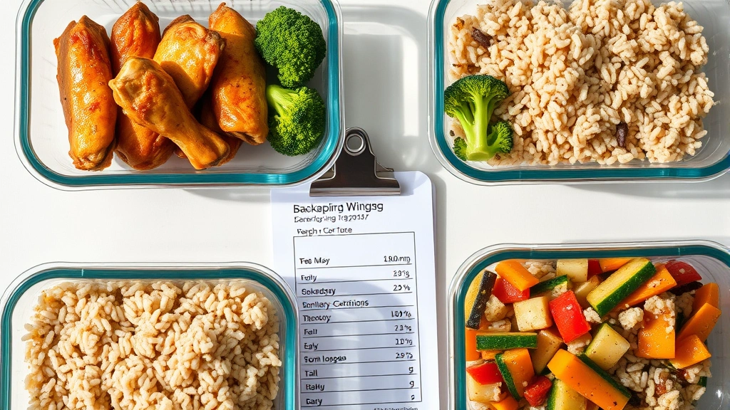 Overhead shot of meal prep containers with organized portions of baked chicken wings, steamed broccoli, brown rice, and mixed vegetables in clear glass containers with nutritional label visible on clipboard, bright natural lighting