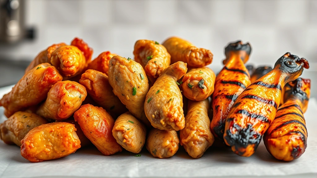 Close-up comparison shot showing three chicken wing preparations side-by-side: air-fryer crispy wings, baked wings with herbs, and grilled wings with char marks, on neutral background with professional kitchen lighting