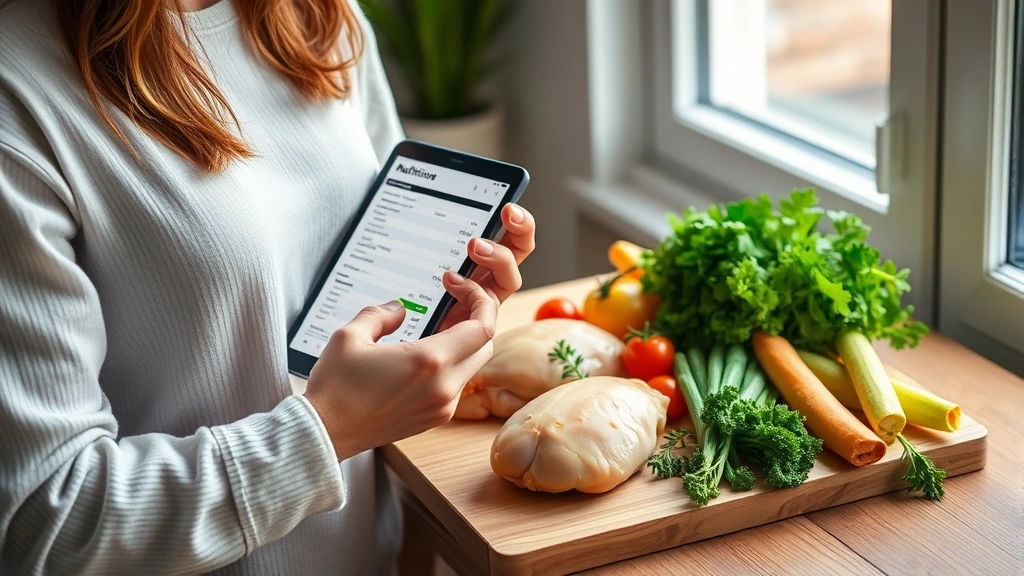 Nutritionist reviewing nutrition facts on a tablet device while fresh chicken and vegetables are arranged on a wooden cutting board in soft natural window light, no visible text on screen