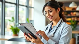 Professional dietitian reviewing restaurant menu nutritional information on tablet, bright modern office setting, healthy food choices visible in background, confident professional appearance, natural lighting