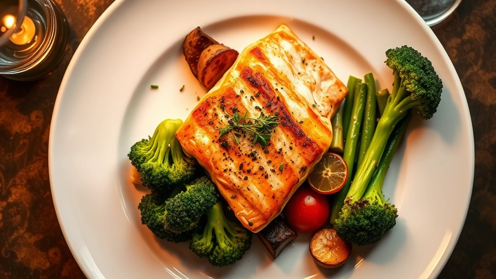 Overhead shot of grilled salmon fillet with steamed broccoli and roasted vegetables on white plate, restaurant-quality presentation, fresh herbs garnish, warm ambient lighting, appetizing food photography